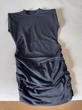 LYANER Womens  Shoulder Pad Ruched Bodycon Sleeveless Mini Tank Dress Black Sz M